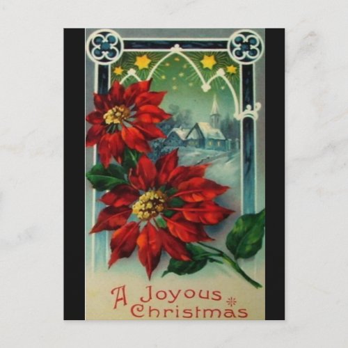 Vintage Poinsettias Church and Stars Christmas Postcard