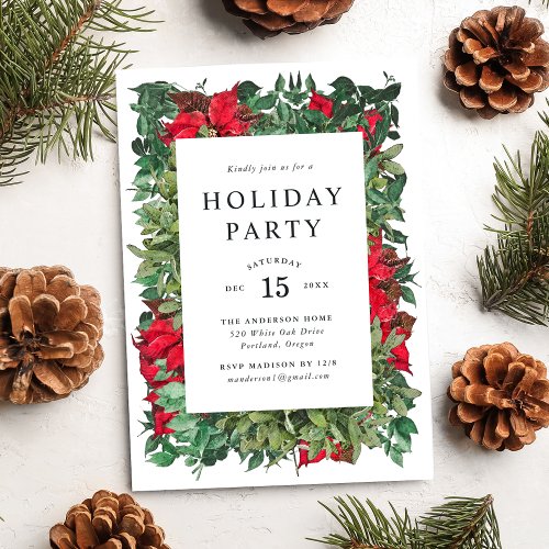 Vintage Poinsettias  Greenery Holiday Party Invitation