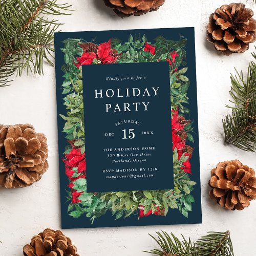 Vintage Poinsettias  Greenery Navy Holiday Party Invitation