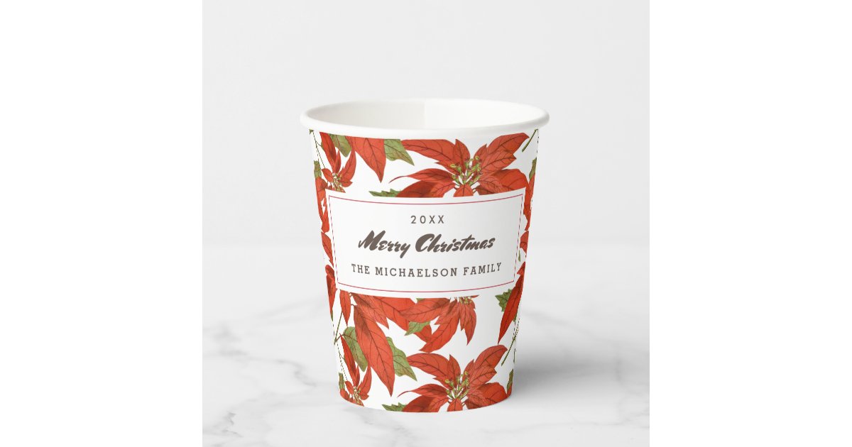 Vintage Poinsettias Merry Christmas Paper Cups | Zazzle