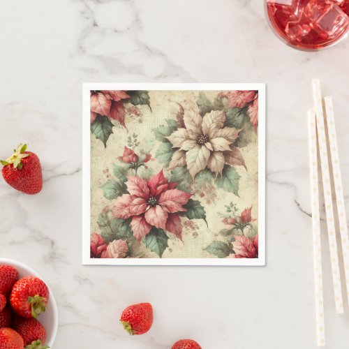 Vintage Poinsettias on Linen Decoupage Napkins