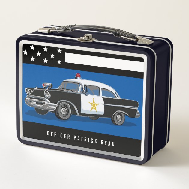 Vintage Police Car American Flag Blue line Metal Lunch Box Zazzle