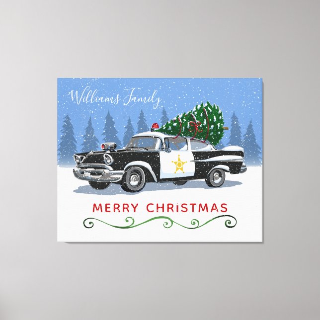 Vintage Police Car Christmas Monogram Name Canvas Print (Front)