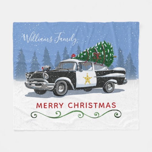 Vintage Police Car Christmas Tree Monogram Fleece Blanket