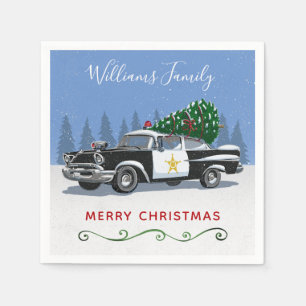 Vintage Police Car Christmas Tree Monogram Napkins