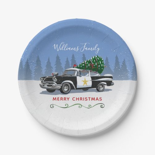 Vintage Police Car Christmas Tree Monogram Paper Plates