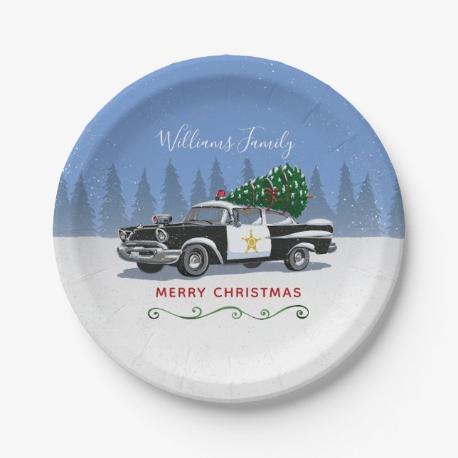 Vintage Police Car Christmas Tree Monogram Paper Plates (Front)