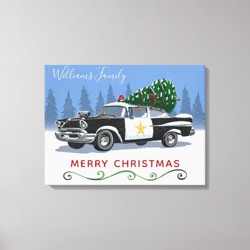 Vintage Police Car Merry Christmas Monogram Name Canvas Print