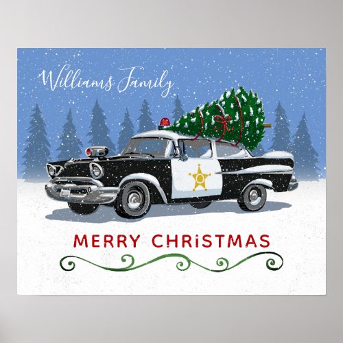 Vintage Police Car Merry Christmas Monogram Name Poster