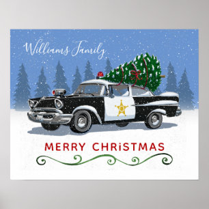 Vintage Police Car Merry Christmas Monogram Name Poster