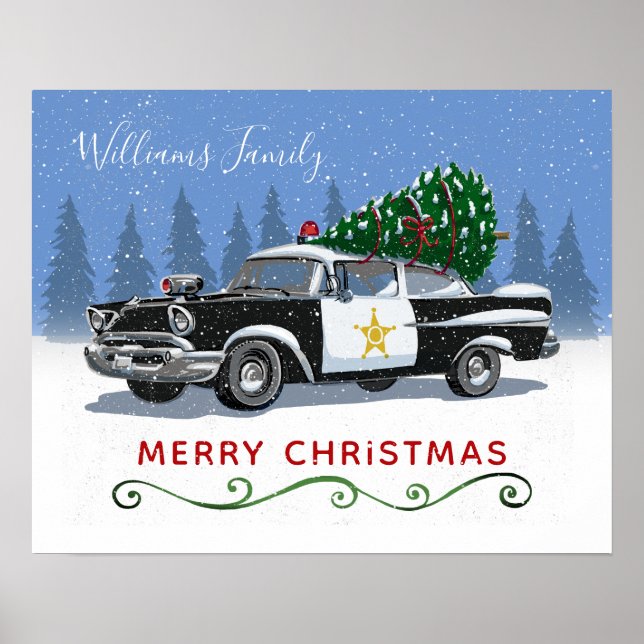 Vintage Police Car Merry Christmas Monogram Name Poster (Front)