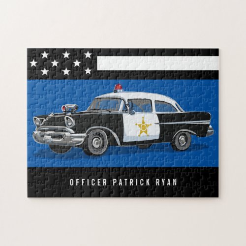 Vintage Police Car Stars Stripe Flag Monogram Name Jigsaw Puzzle