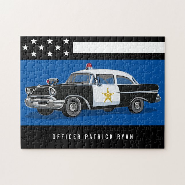 Vintage Police Car Stars Stripe Flag Monogram Name Jigsaw Puzzle (Horizontal)