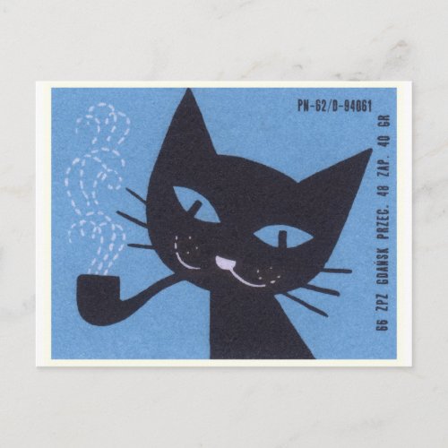 Vintage Polish Matchbox Label Cat Smoking Pipe Postcard