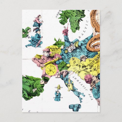 Vintage Political Cartoon Map of Europe 1877 Postcard