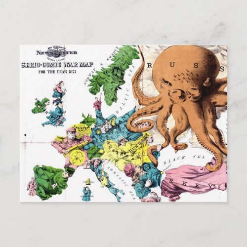 Vintage Political Cartoon Map of Europe 1877 Postcard