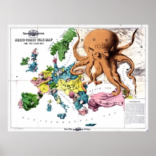 Vintage Political Cartoon Map of Europe 1877 Poster