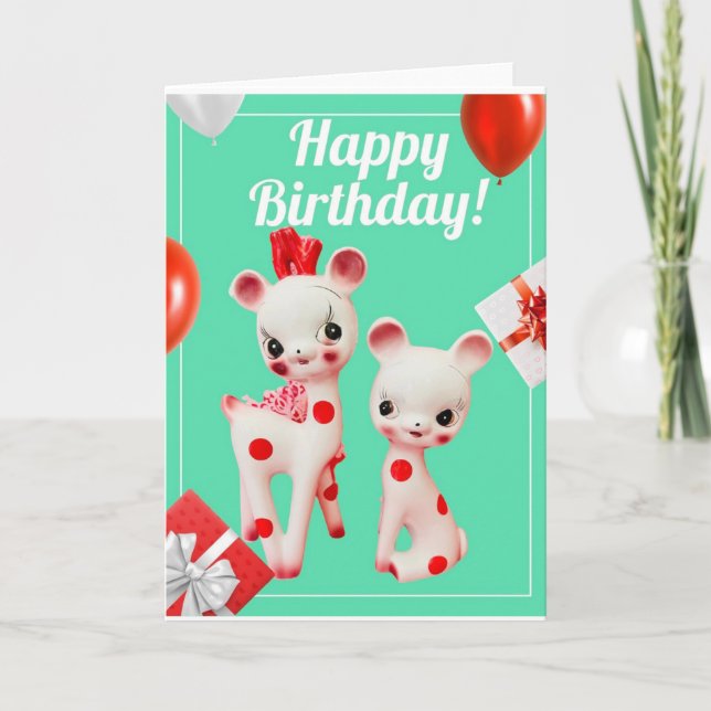 Vintage Polka Dot Deer Kitsch Retro Birthday Card (Front)