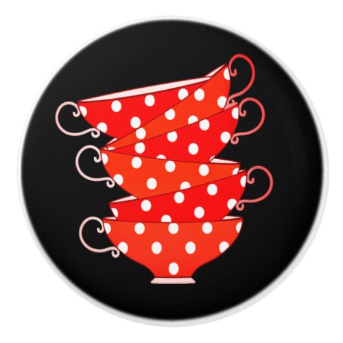 Vintage polka dot teacup red white black cute ceramic knob