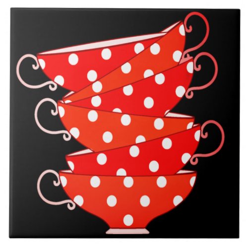 Vintage polka dot teacup red white black whimsical ceramic tile