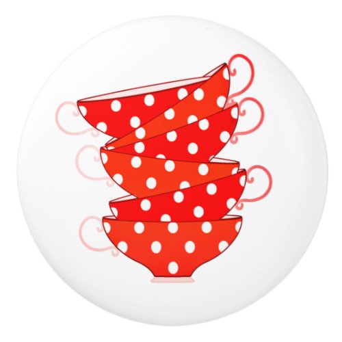 Vintage polka dot teacup red white ceramic knob