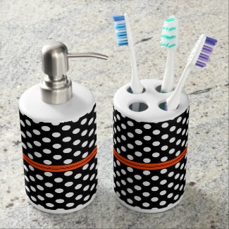 Vintage polka dots at black, with orange stripe bath set