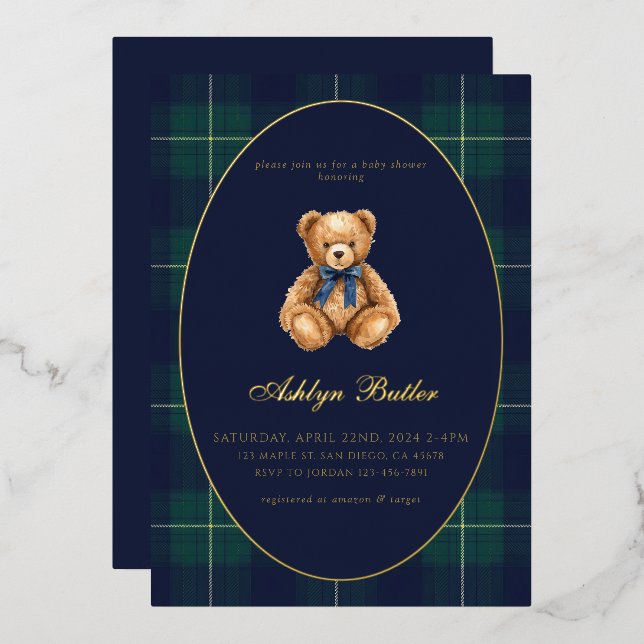 Vintage Polo Bear Baby Shower Foil Invitation (Front/Back)