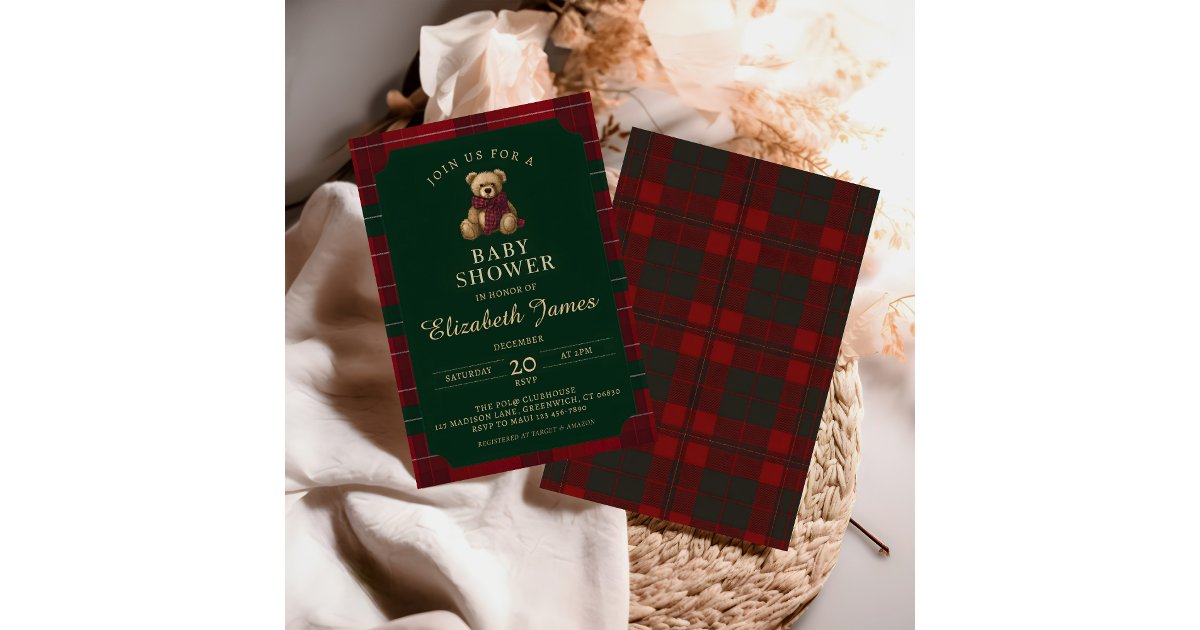 Vintage Polo Luxury Plaid Teddy Bear Baby Shower Invitation | Zazzle