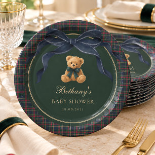Vintage Polo Plaid Teddy Bear Navy Bow Paper Plates