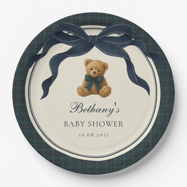 Vintage Polo Plaid Teddy Bear Navy Bow Paper Plates (Front)