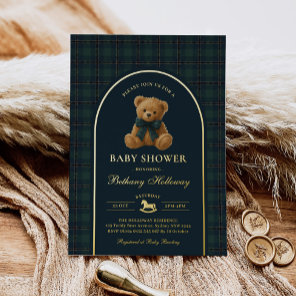 Vintage Polo Teddy Bear Green Plaid Baby Shower Foil Invitation