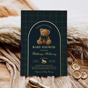 Vintage Polo Teddy Bear Green Plaid Baby Shower Foil Invitation