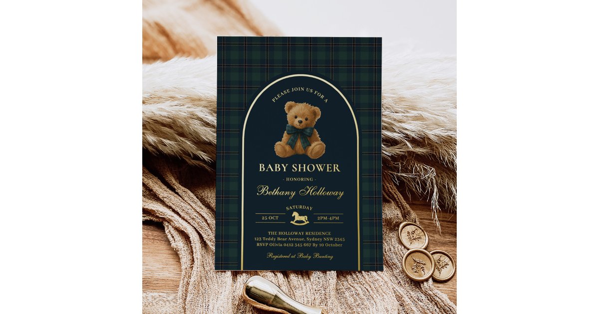 Vintage Polo Teddy Bear Green Plaid Baby Shower Foil Invitation | Zazzle