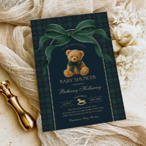 Vintage Polo Teddy Bear Green Plaid Baby Shower Invitation