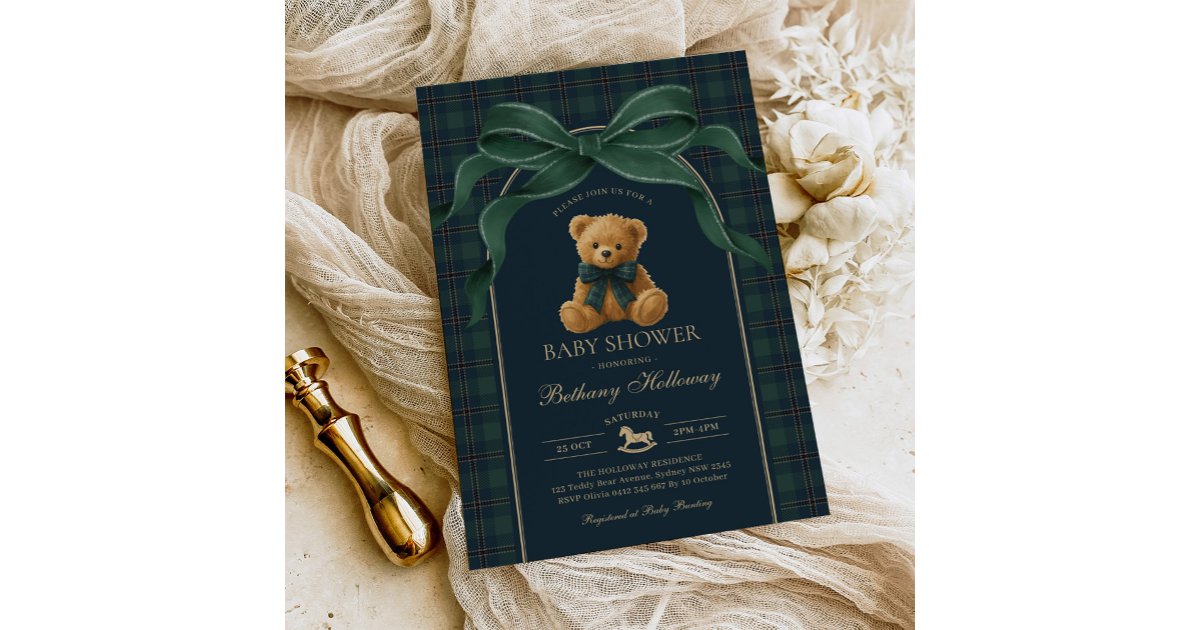Vintage Polo Teddy Bear Green Plaid Baby Shower Invitation | Zazzle