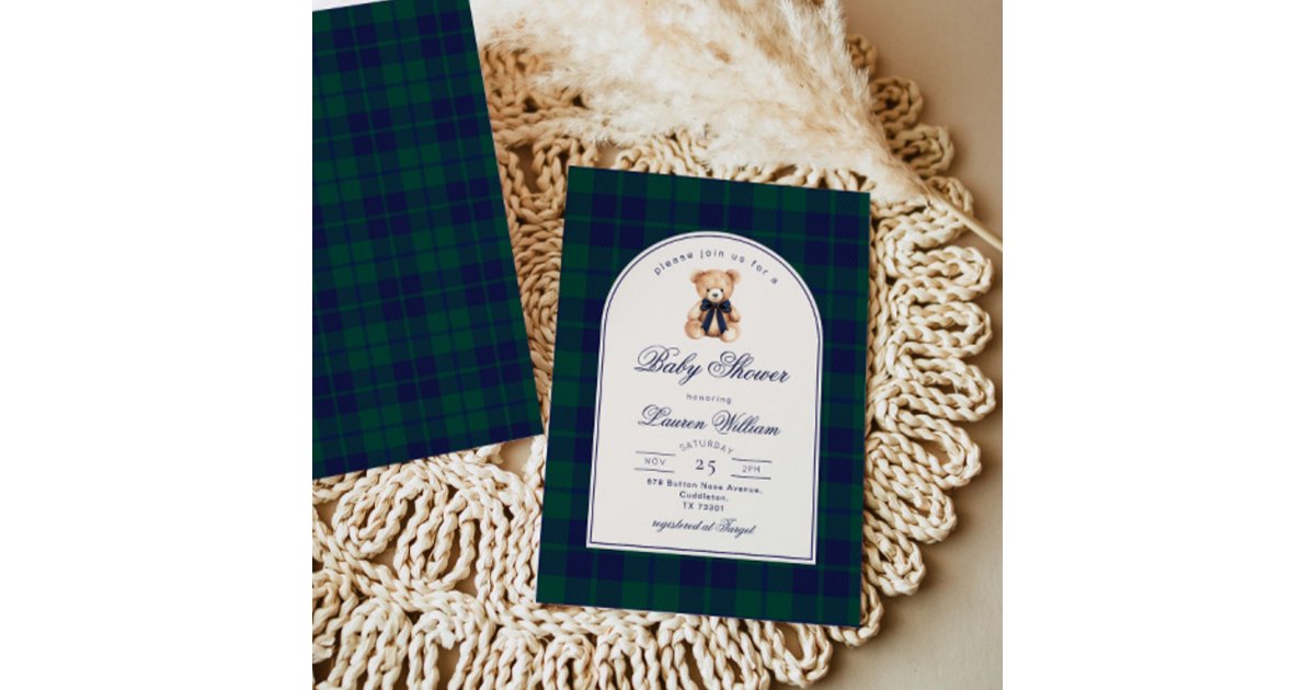 Vintage Polo Teddy bear Navy Plaid Baby Shower Invitation | Zazzle