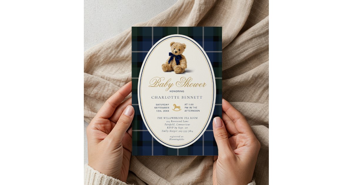 Vintage Polo Teddy Bear Plaid Baby Shower Invitation | Zazzle