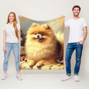 Vintage Pomeranian Dog Painting Fleece Blanket