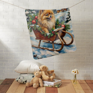 Vintage Pomeranian in Wooden Christmas Sleigh Baby Blanket