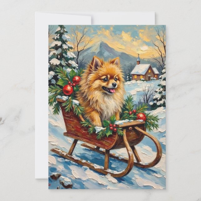 Vintage Pomeranian in Wooden Christmas Sleigh Holiday Card (Front)