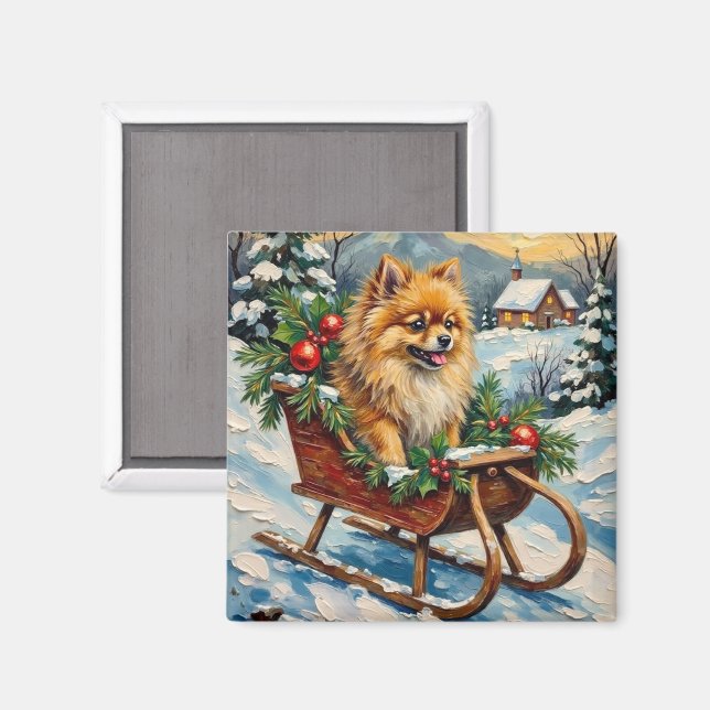 Vintage Pomeranian in Wooden Christmas Sleigh Magnet (Front/Back)