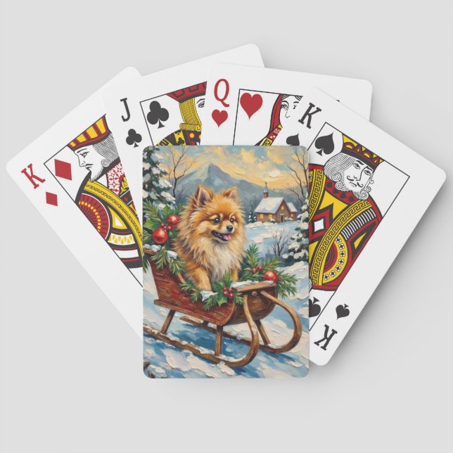 Vintage Pomeranian in Wooden Christmas Sleigh Poker Cards (Back)