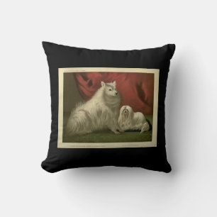Vintage pomeranian maltese dog pet portrait red bl throw pillow
