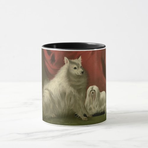 Vintage pomeranian maltese dog portrait red white mug