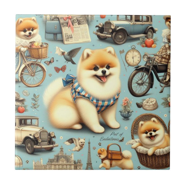 Vintage Pomeranian Seamless Illustration Ceramic Tile (Front)