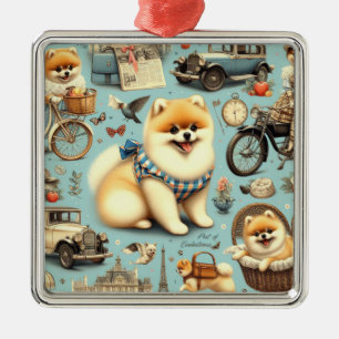 Vintage Pomeranian Seamless Illustration Metal Ornament