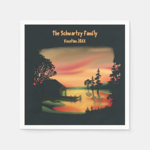 Vintage pond sunset pontoon escape green red napkins