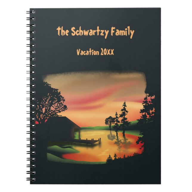 Vintage pond sunset pontoon escape green red notebook (Front)