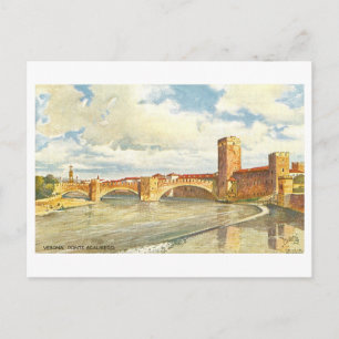 Vintage Ponte Scaligero in Verona, Italy, Postcard