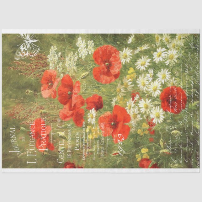 Vintage Poppies and Daisies with Ephemera Tissue Paper (Front)